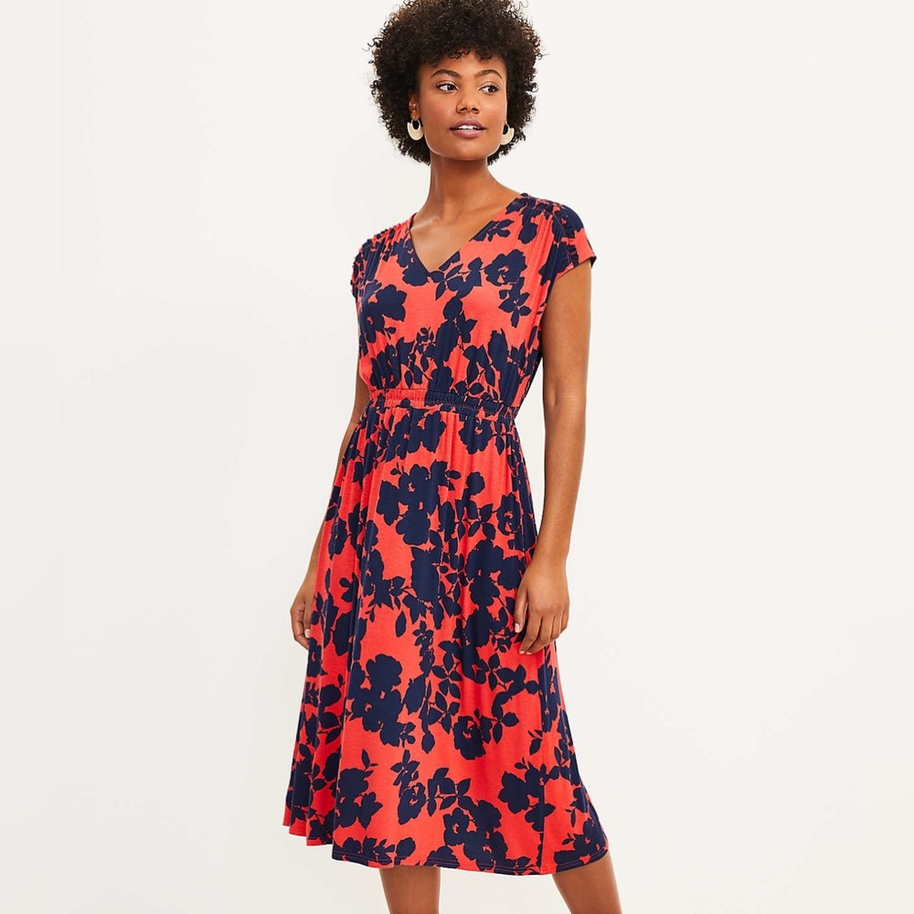 NWT Loft Bouquet Tie Back Midi Dress Navy/Coral Small